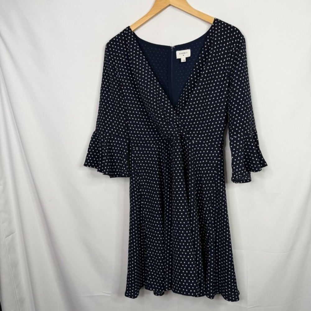 Everly Navy Blue Polka Dot Fit and Flare Dress Bell Sleeve V-Neck Womens L - Picture 7 of 7